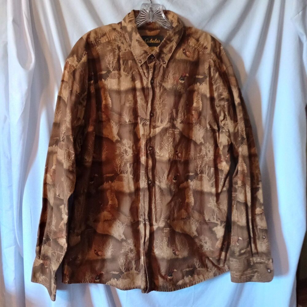 Cabela's Men's XL L/S Button Down Pheasant Print Camo Cotton  Hunting Outdoors